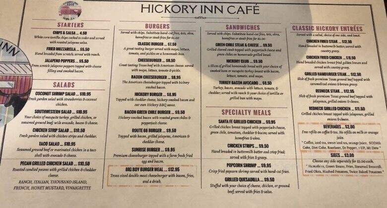 Hickory Cafe - Vega, TX menu_pic