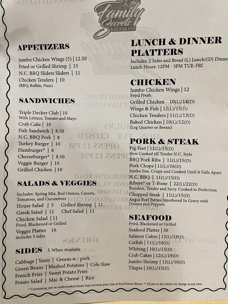 Family Secrets Restaurant - Richmond, VA menu_pic