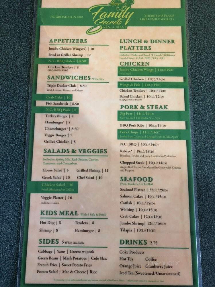 Family Secrets Restaurant - Richmond, VA menu_pic
