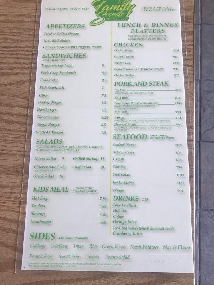 Family Secrets Restaurant - Richmond, VA menu_pic