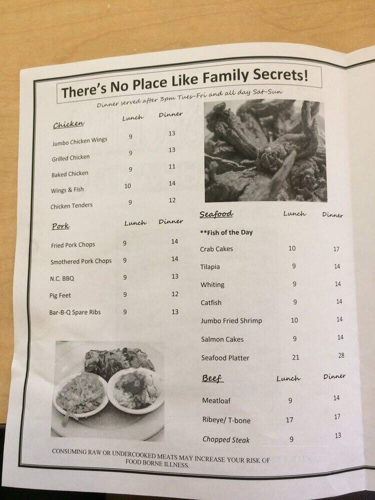 Family Secrets Restaurant - Richmond, VA menu_pic