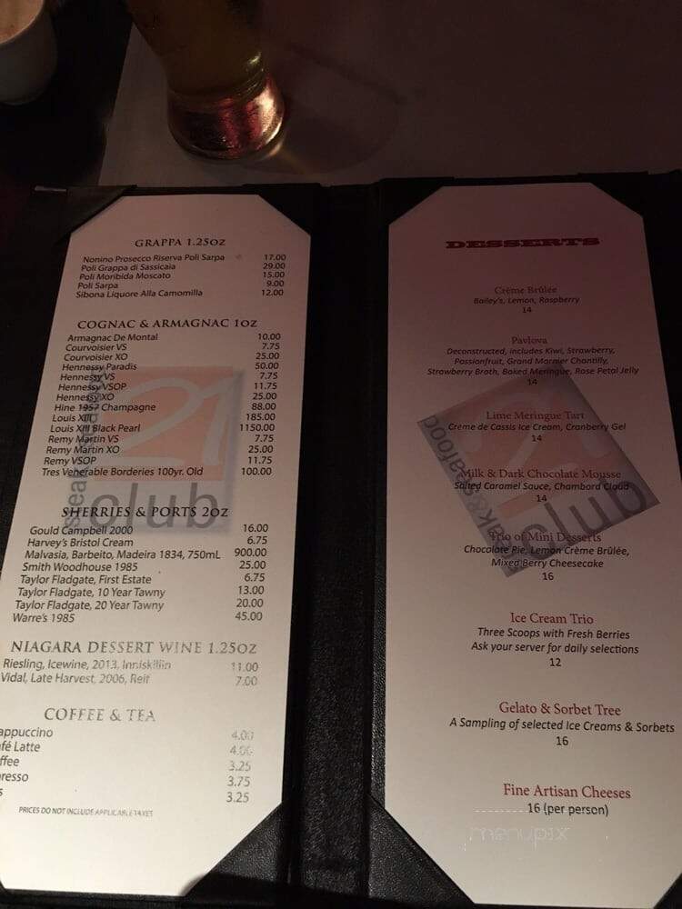 21 Club - Niagara Falls, ON menu_pic