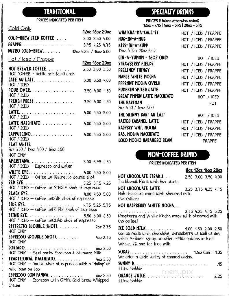 Bart's Crazy Good Coffee Shop - Chapin, SC menu_pic