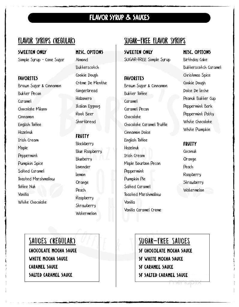 Bart's Crazy Good Coffee Shop - Chapin, SC menu_pic