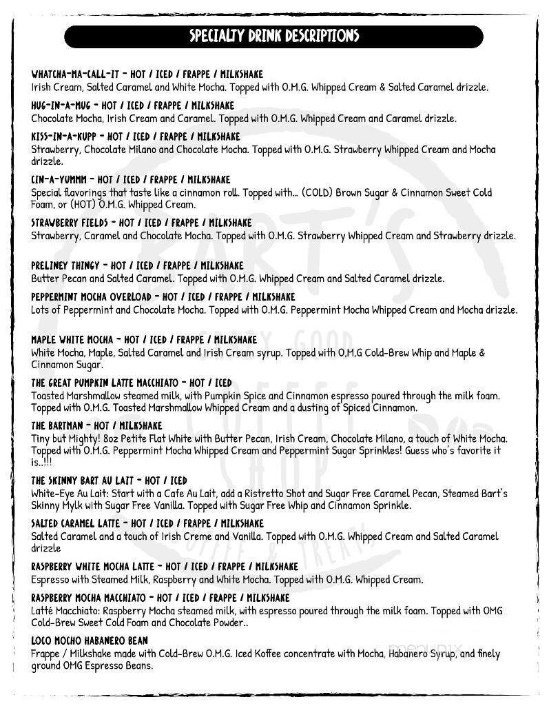 Bart's Crazy Good Coffee Shop - Chapin, SC menu_pic