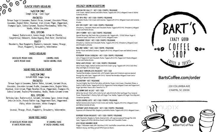 Bart's Crazy Good Coffee Shop - Chapin, SC menu_pic