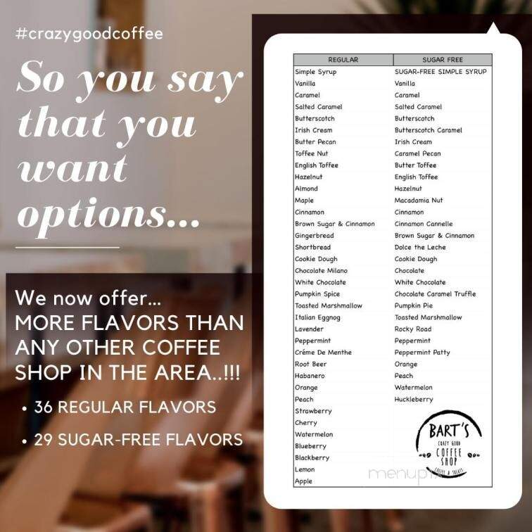 Bart's Crazy Good Coffee Shop - Chapin, SC menu_pic