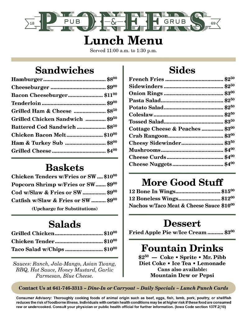 Pioneers Pub & Grub - Casey, IA menu_pic