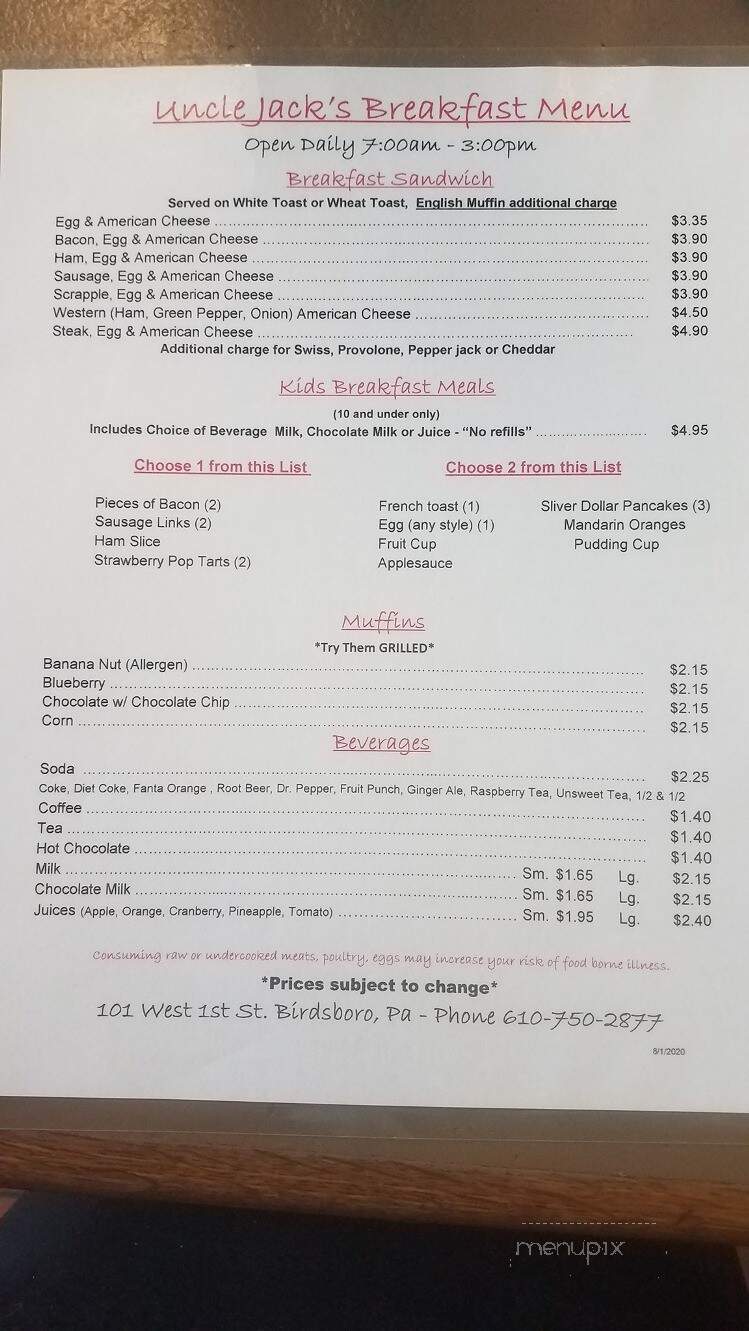 Uncle Jacks Corner - Birdsboro, PA menu_pic