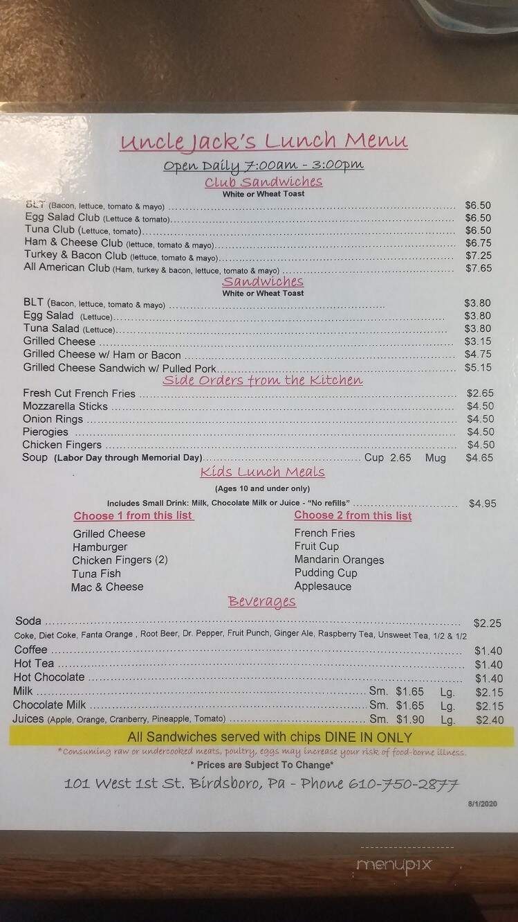 Uncle Jacks Corner - Birdsboro, PA menu_pic