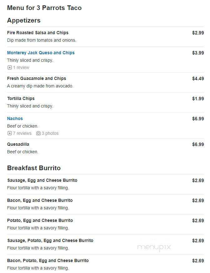 3 Parrots Taco Shop - Benbrook, TX menu_pic