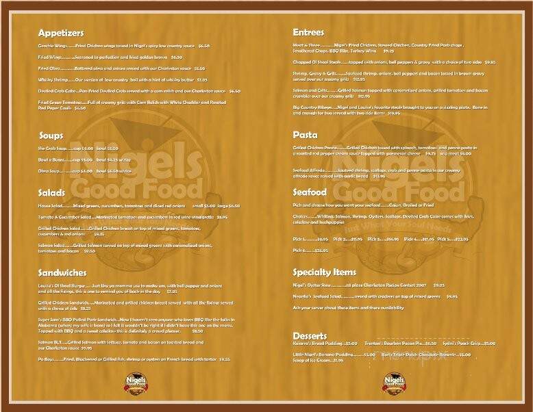 Nigel's Good Food - North Charleston, SC menu_pic