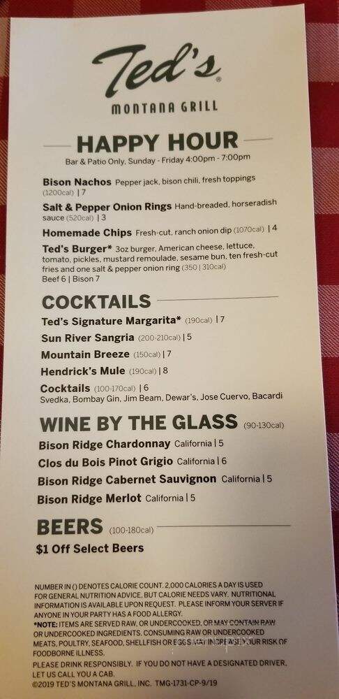 Ted's Montana Grill - Estero, FL menu_pic