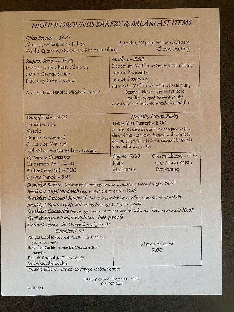 Higher Grounds Coffee - Freeport, IL menu_pic