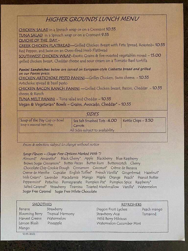 Higher Grounds Coffee - Freeport, IL menu_pic