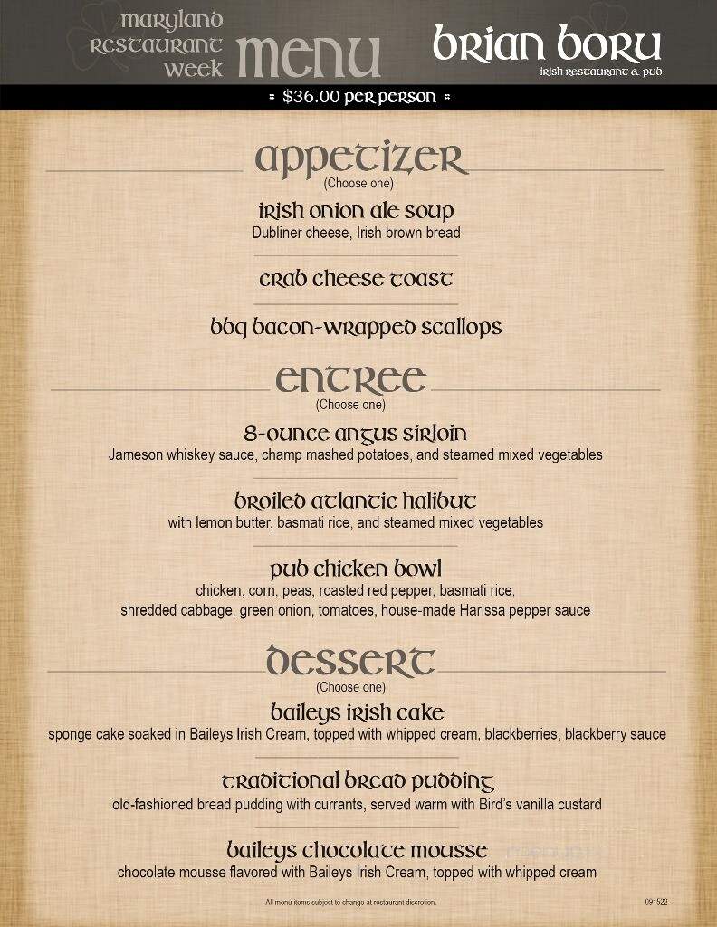 Brian Boru Restaurant & Pub - Severna Park, MD menu_pic