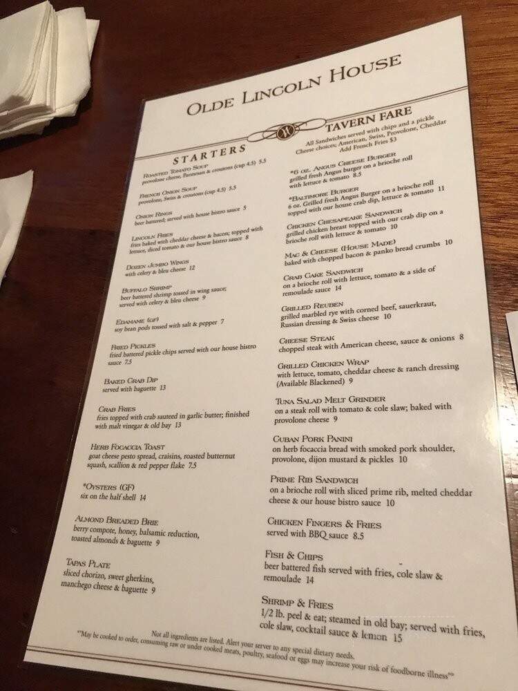 Olde Lincoln House - Ephrata, PA menu_pic