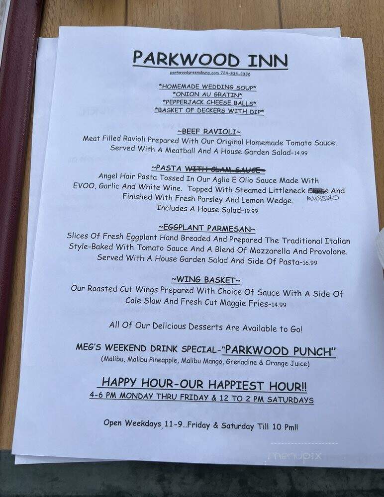 Parkwood Inn - Greensburg, PA menu_pic