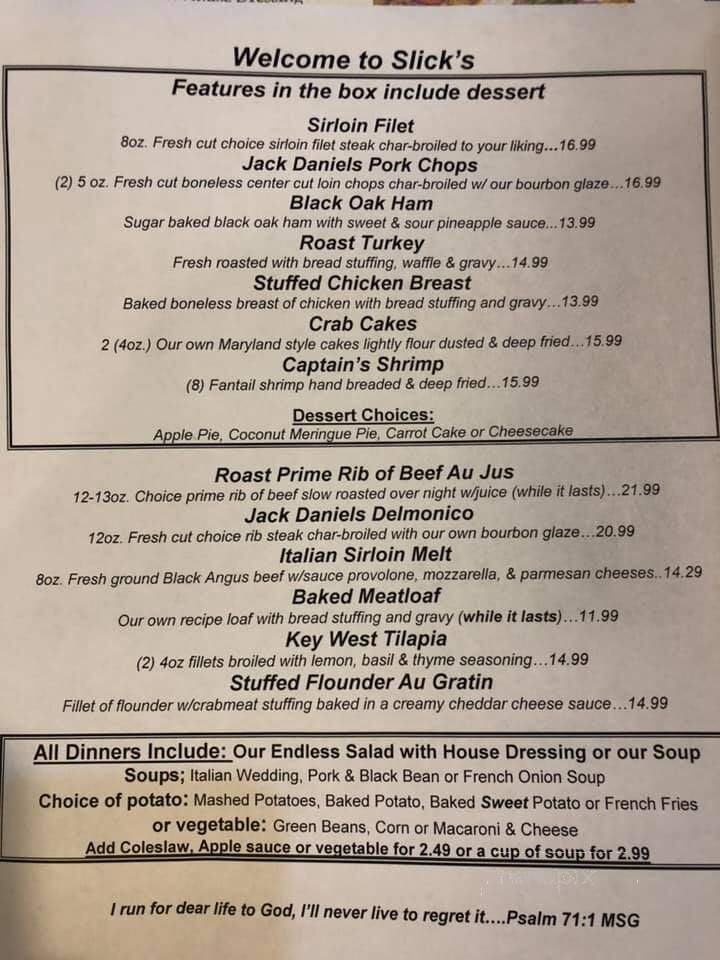 Slick's Ivy Stone Restaurant - Osterburg, PA menu_pic