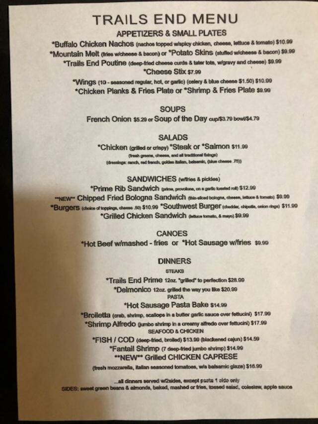 Trail's End - Cooksburg, PA menu_pic