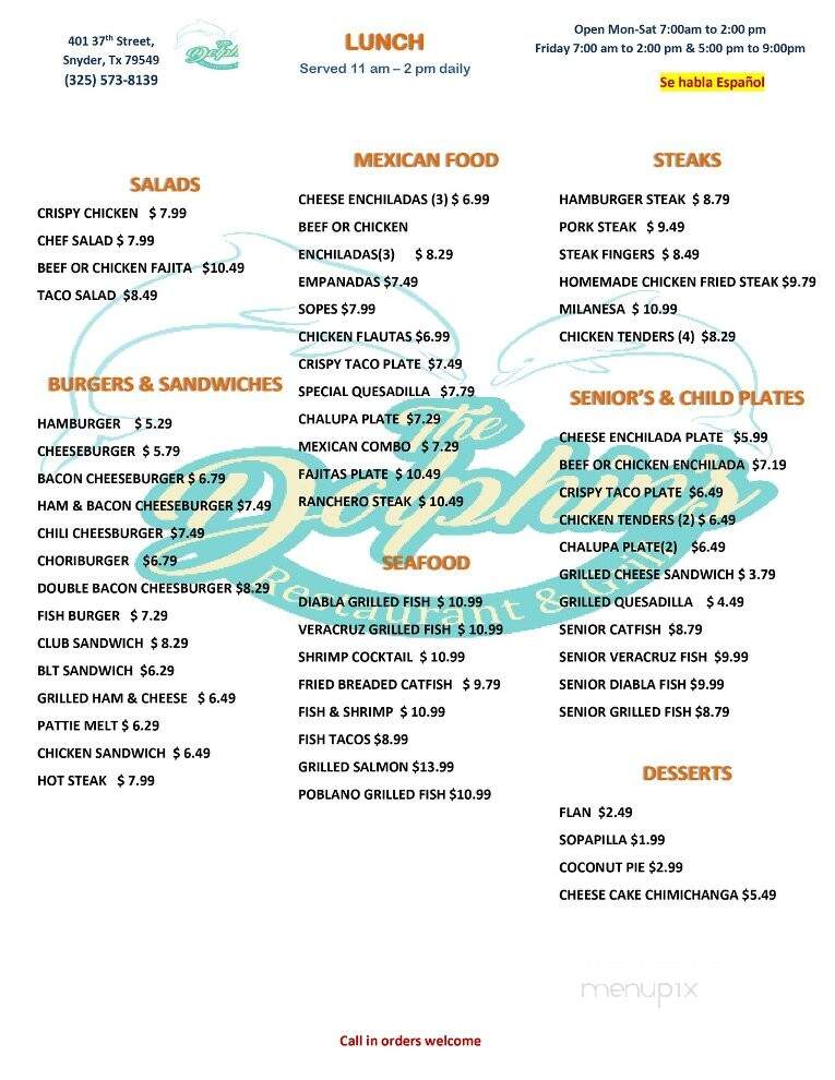 Dolphins Restaurant & Grill - Snyder, TX menu_pic