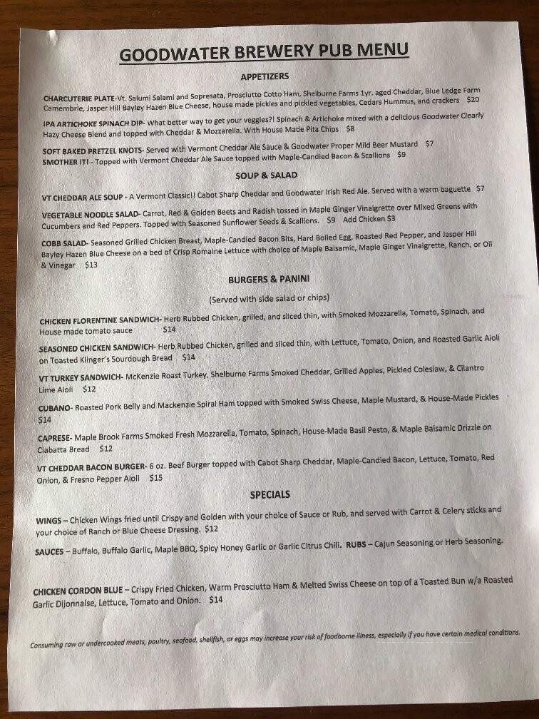 Goodwater Brewery - Williston, VT menu_pic