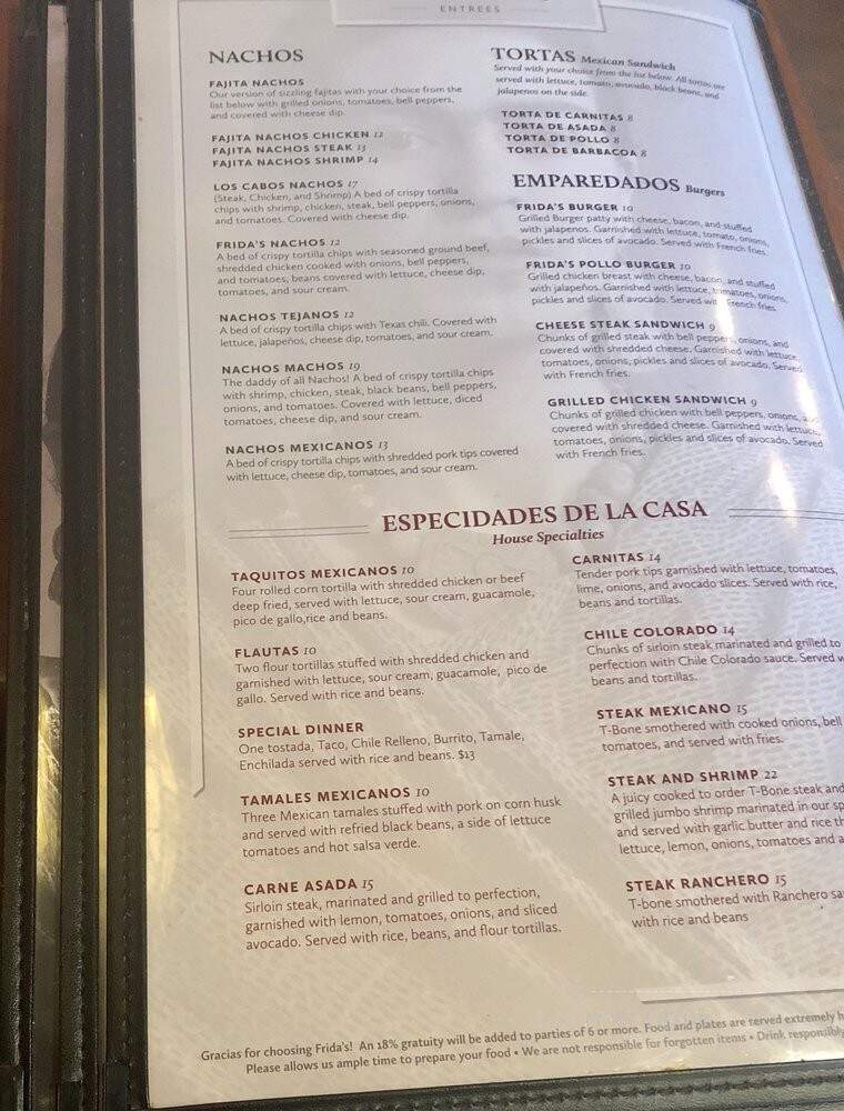 Frida's Restaurante Mexicano - Collierville, TN menu_pic