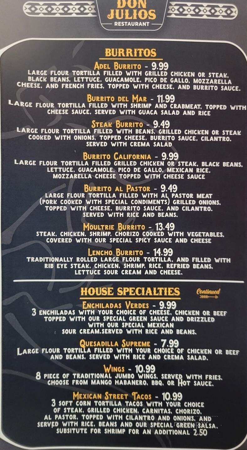 Don Julio's Mexican restaurant - Tifton, GA menu_pic