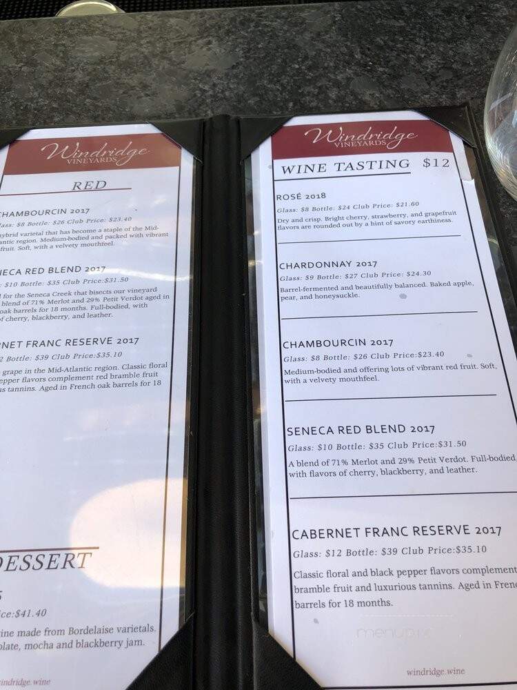 Windridge Vineyards - Darnestown, MD menu_pic