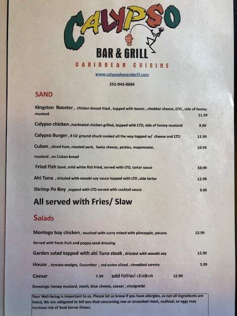 Calypso Bar and Grill - Foley, AL menu_pic