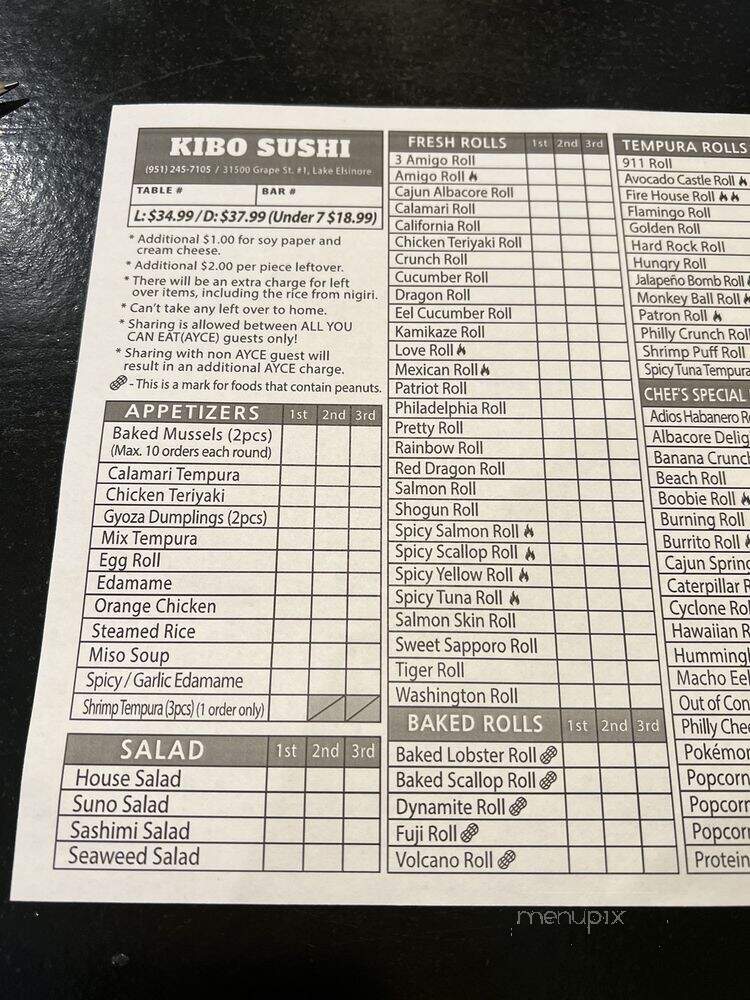 Kibo Sushi - Lake Elsinore, CA menu_pic