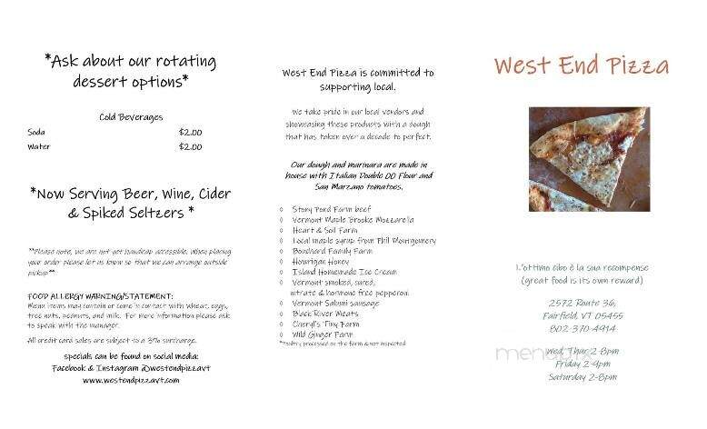 West End Pizza - Fairfield, VT menu_pic