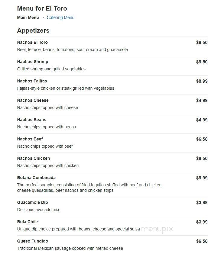 El Toro - Arcola, IL menu_pic