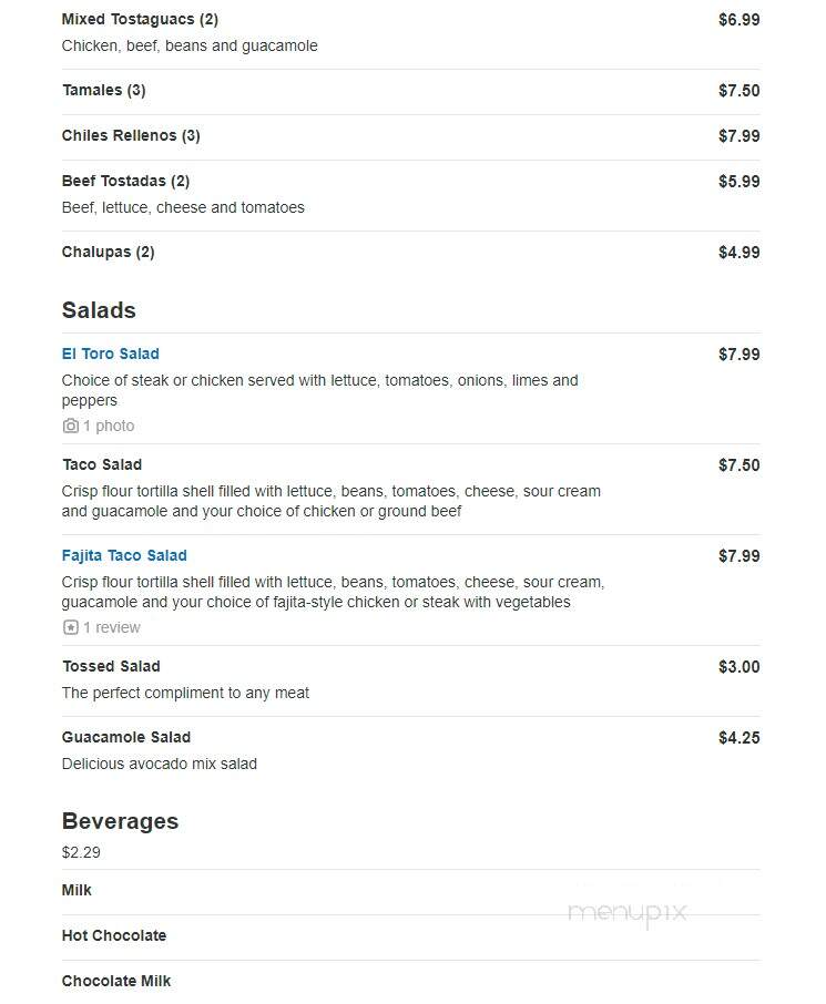 El Toro - Arcola, IL menu_pic