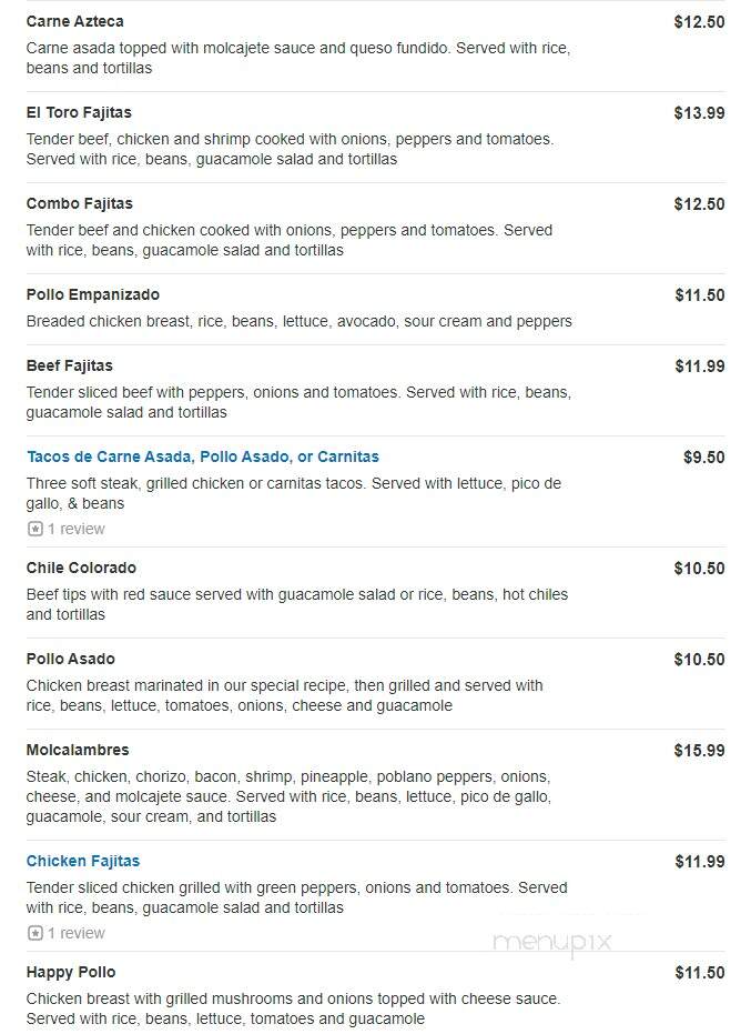 El Toro - Arcola, IL menu_pic