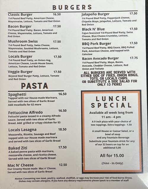 Locals Pub and Pizzaria - Wasilla, AK menu_pic