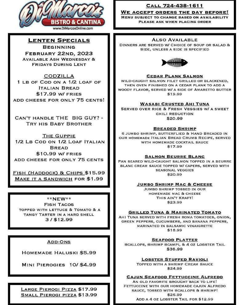 DiMarco's Bistro & Cantina - Uniontown, PA menu_pic