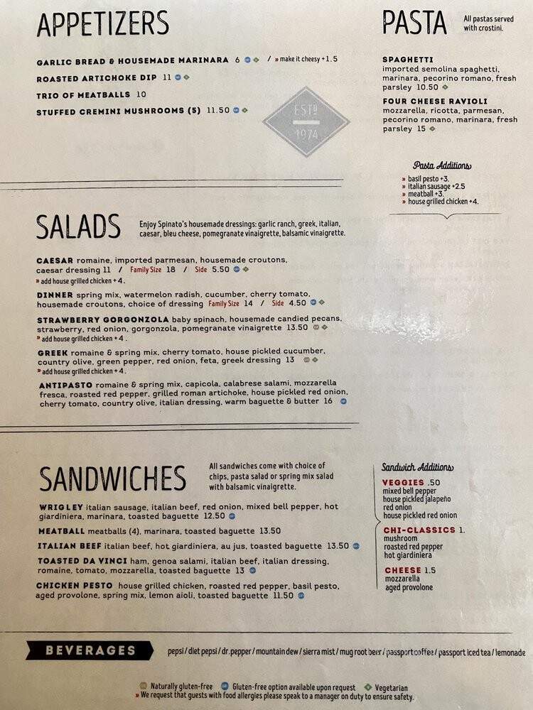 Spinato's menu on sale