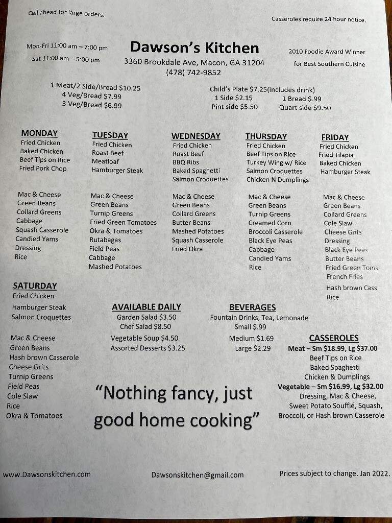 Dawson's Restaurant - Macon, GA menu_pic