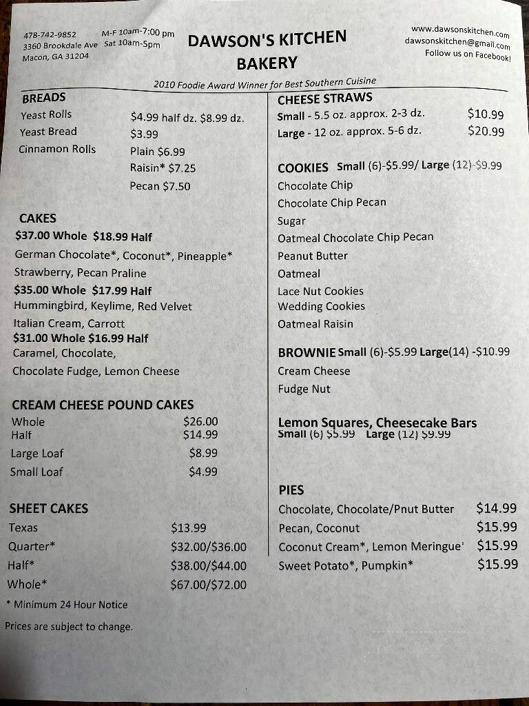 Dawson's Restaurant - Macon, GA menu_pic