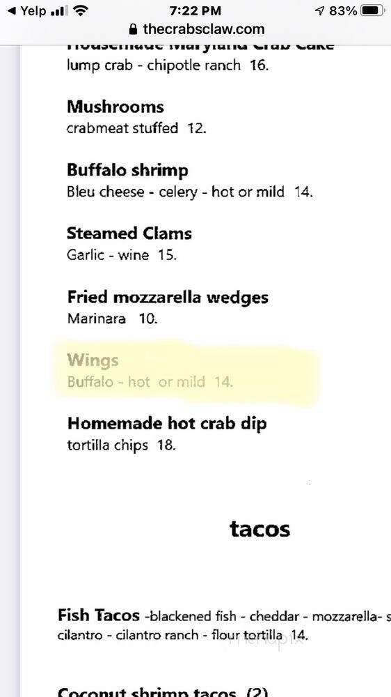 Crab's Claw Inn - Lavallette, NJ menu_pic