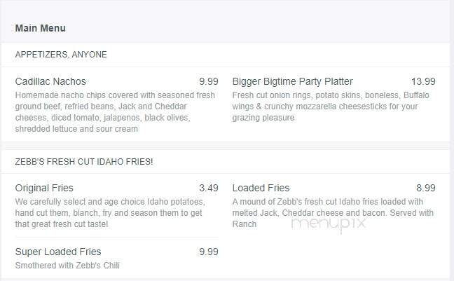 Zebb's Deluxe Grill & Bar - Syracuse, NY menu_pic