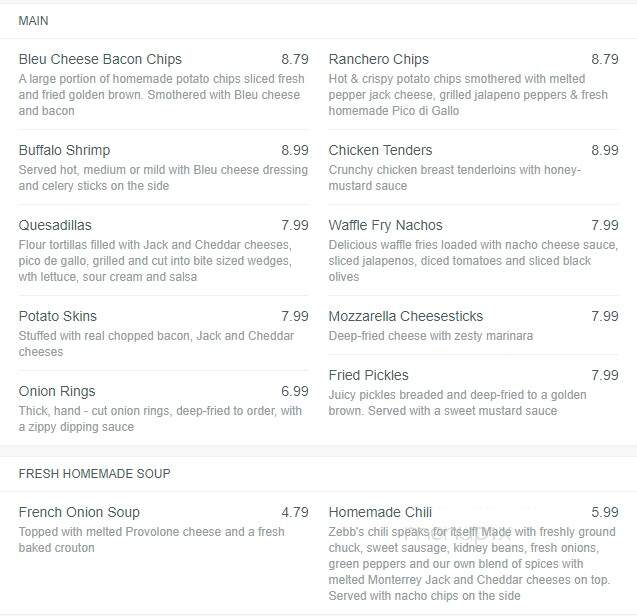 Zebb's Deluxe Grill & Bar - Syracuse, NY menu_pic