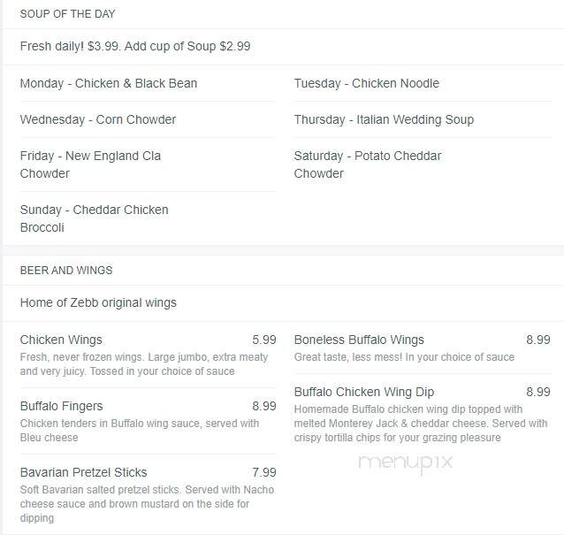 Zebb's Deluxe Grill & Bar - Syracuse, NY menu_pic