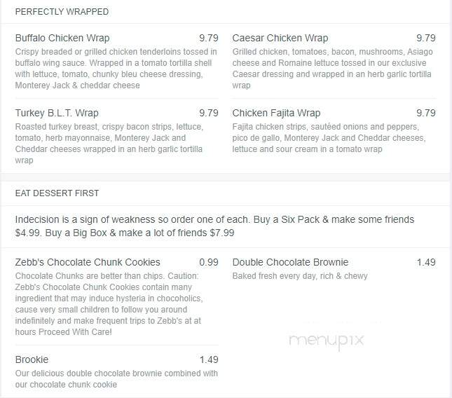 Zebb's Deluxe Grill & Bar - Syracuse, NY menu_pic