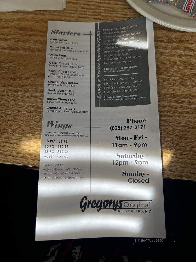 Gregory's On Main Street - Rutherfordton, NC menu_pic