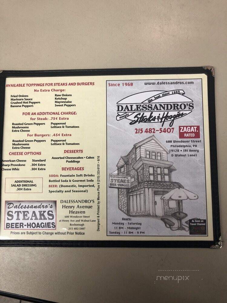 Dalessandro's Steaks - Philadelphia, PA menu_pic