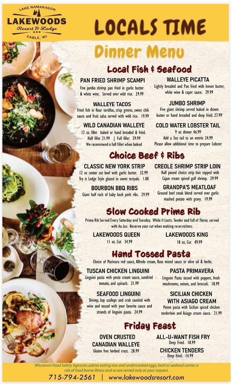 Lakewoods Resort & Lodge - Cable, WI menu_pic