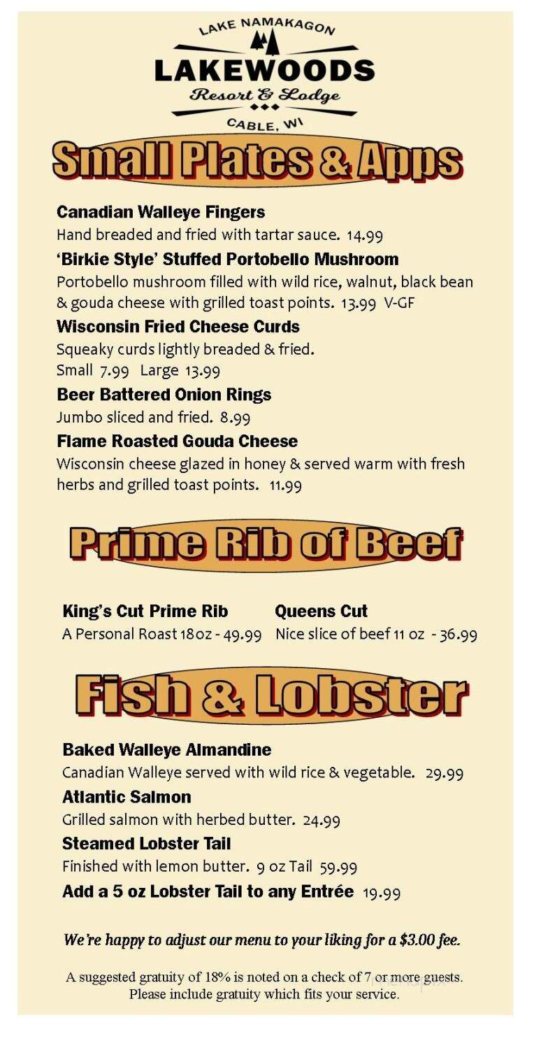 Lakewoods Resort & Lodge - Cable, WI menu_pic