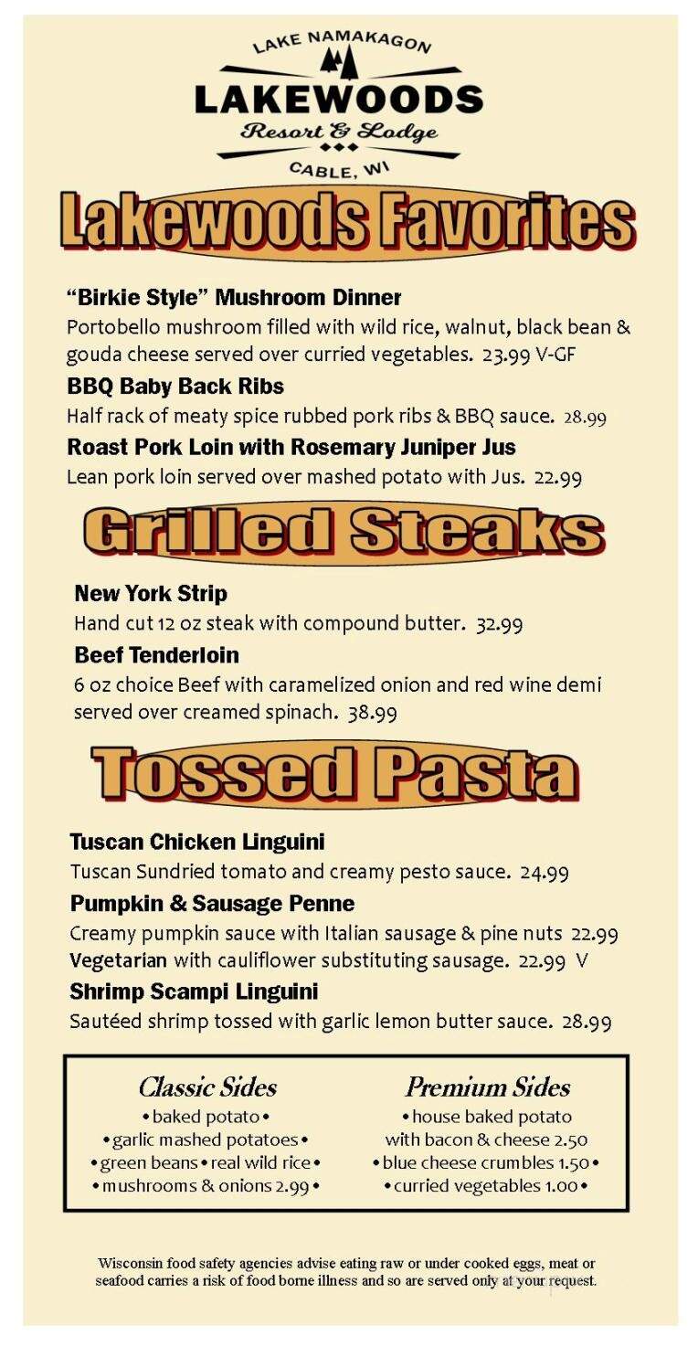 Lakewoods Resort & Lodge - Cable, WI menu_pic